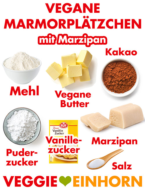 Mehl, vegane Butter, Kakaopulver, Puderzucker, Vanillezucker, Marzipanrohmasse, Salz Zutaten für vegane Marmorplätzchen mit Marzipan