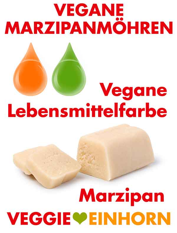 Vegane Lebensmittelfarbe in orange und grün und Marzipan Rohmasse Zutaten für vegane Marzipanmöhren