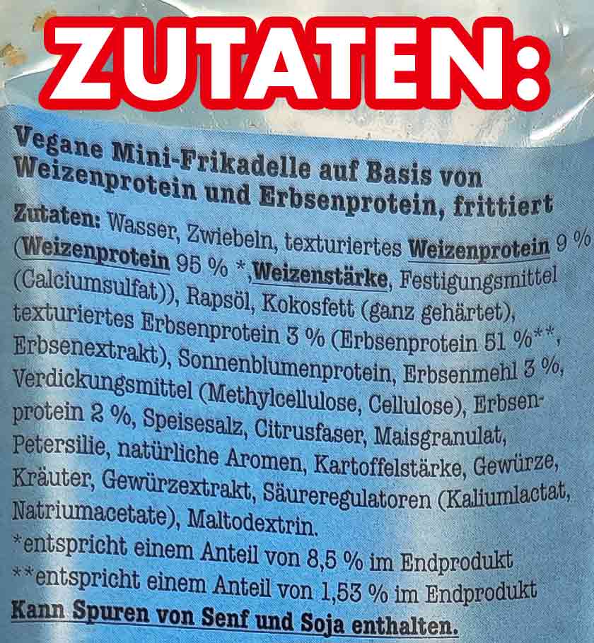 Vegane Inhaltsstoffe der Food for Future Mini-Frikadellen Zutatenliste auf der Packung der veganen Mini-Frikadellen von Penny