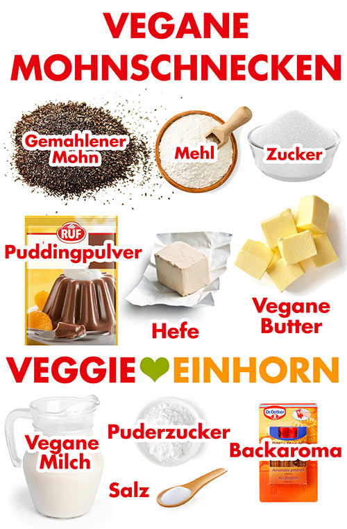 Gemahlener Mohn, Mehl, Zucker, Schoko Puddingpulver, Hefe, vegane Butter, vegane Milch, Puderzucker, Salz, Backaroma Bittermandel Zutaten für vegane Mohnschnecken