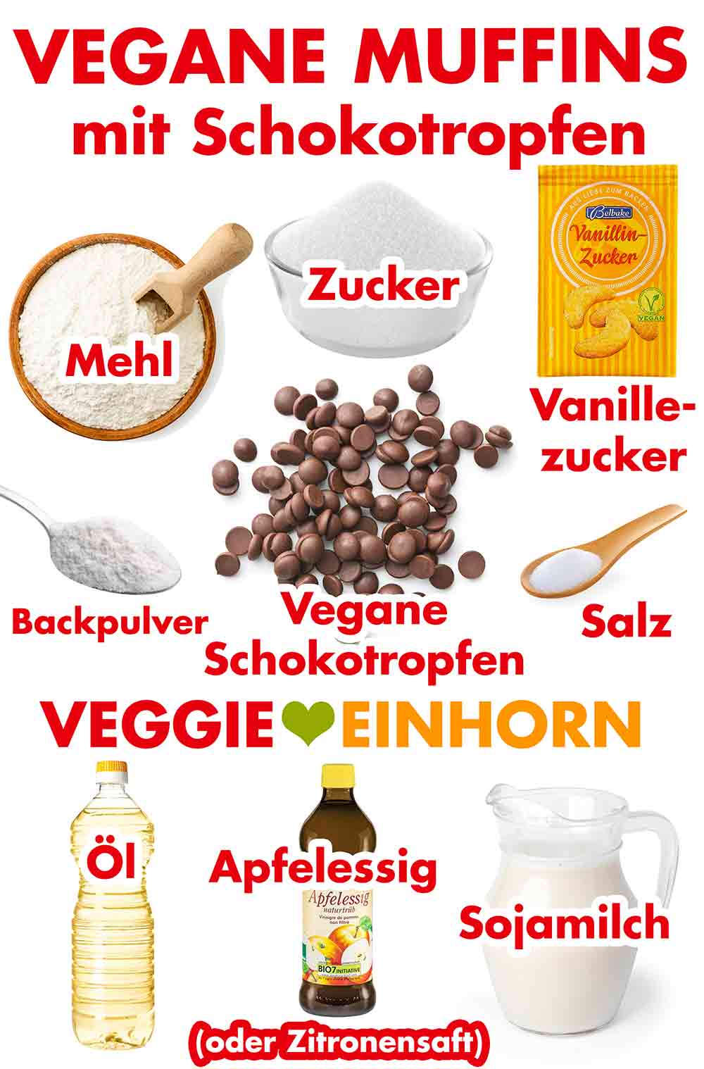 Zutaten für die veganen Chocolate Chip Muffins Zutaten für vegane Muffins mit Schokotropfen