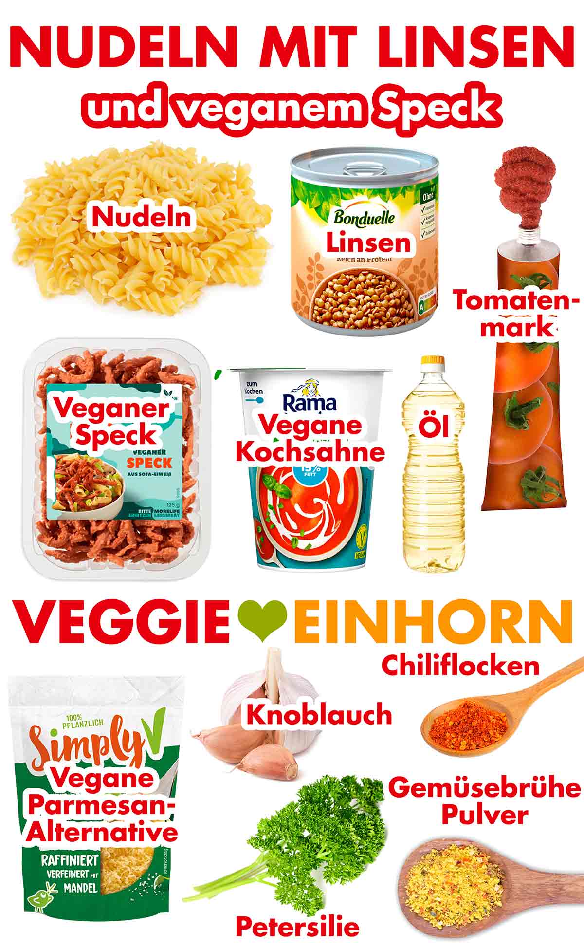 Nudeln, Linsen aus der Dose, veganer Speck, vegane Kochsahne, Öl, Tomatenmark, veganer Parmesan-Ersatz, Knoblauch, Petersilie, Chiliflocken, Gemüsebrühe Pulver Zutaten für vegane Nudeln mit Linsen