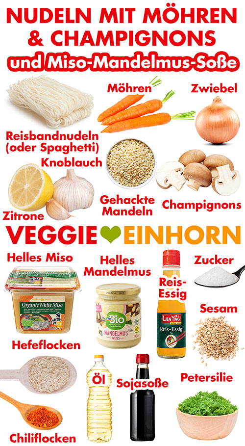 Reisbandnudeln oder Spaghetti, Möhren, Zwiebel, Zitrone, Knoblauch, gehackte Mandeln, Pilze, weißes Miso, helles Mandelmus, Reisessig, Zucker, Hefeflocken, Sesam, Chiliflocken, Öl, Sojasoße, Petersilie Zutaten für Nudeln mit Möhren, Champignons und veganer Miso-Mandelmus-Soße