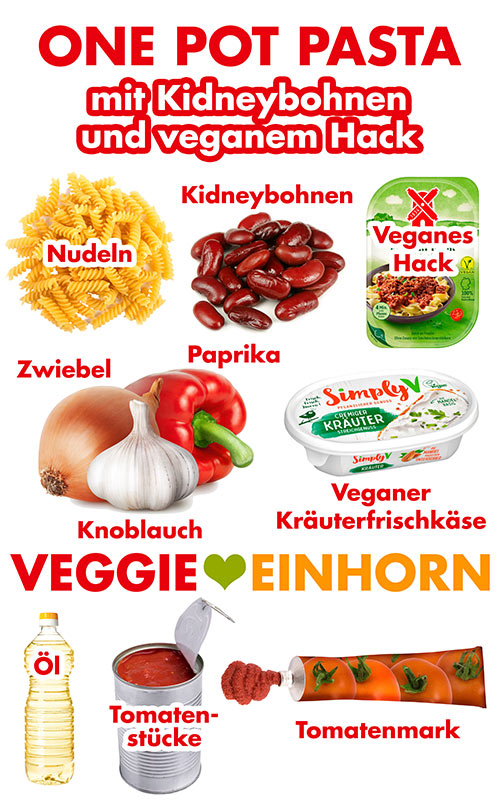 Nudeln, Kidneybohnen, veganes Hack, Zwiebeln, Paprika, Knoblauch, veganer Kräuterfrischkäse, Öl, Tomatenstücke aus der Dose, Tomatenmark Zutaten für One Pot Pasta mit veganem Hackfleisch und Kidneybohnen