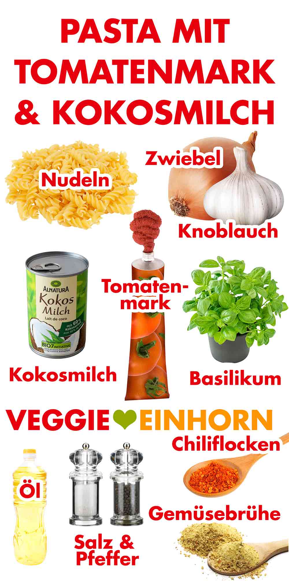 Zutaten für cremige Nudeln mit Kokosmilch und Tomatenmark Zutaten für vegane Pasta mit Tomatenmark und Kokosmilch