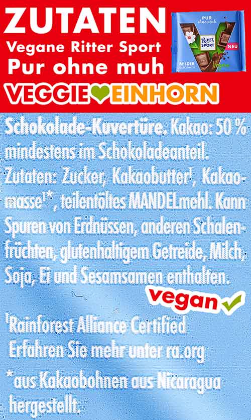 Ritter Sport Vegane Pur ohne muh Zutatenliste Zutaten der Pur ohne muh von Ritter Sport