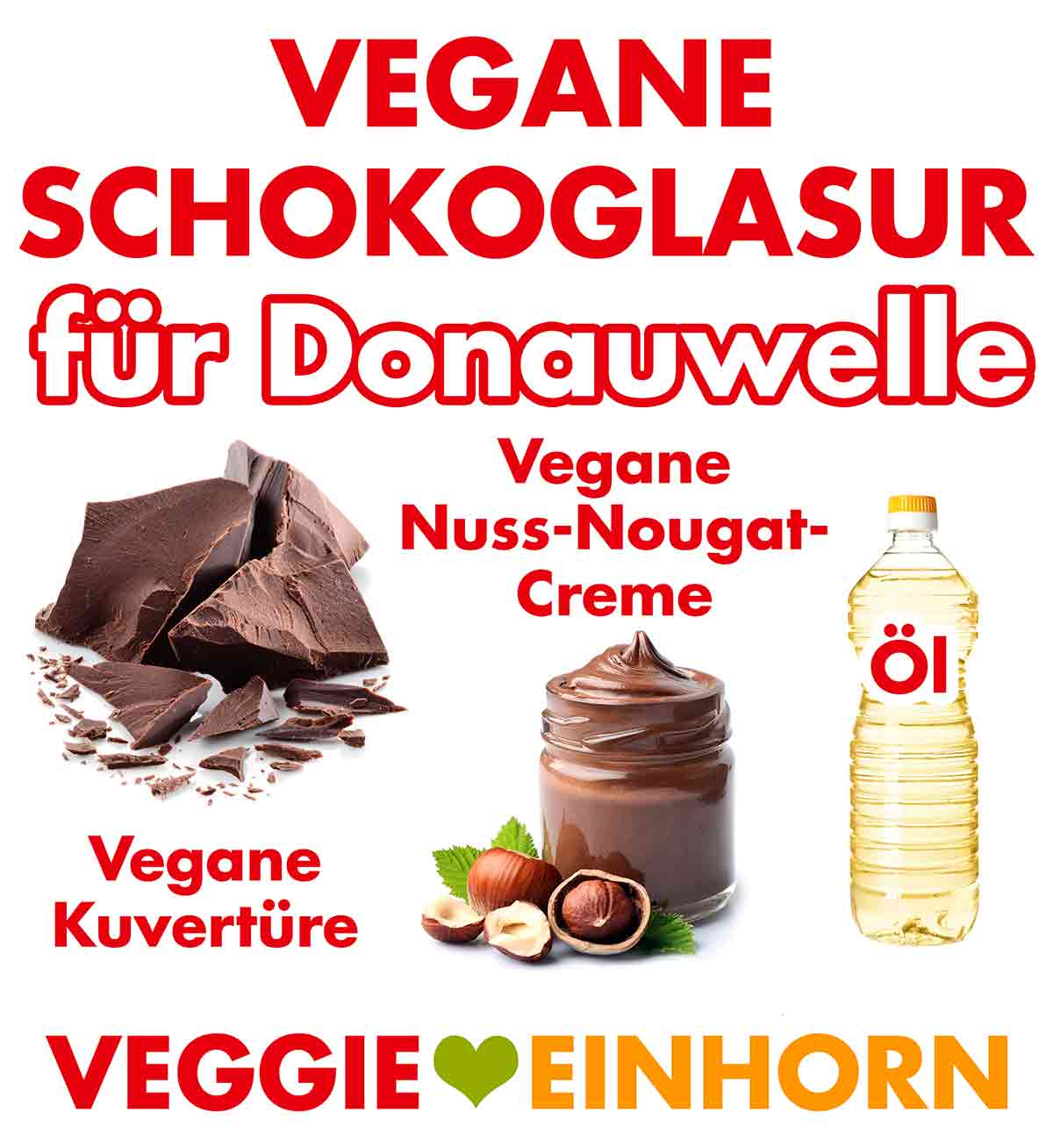 Vegane Kuvertüre, vegane Nutella, Öl Zutaten für die Schokoglasur der Donauwelle
