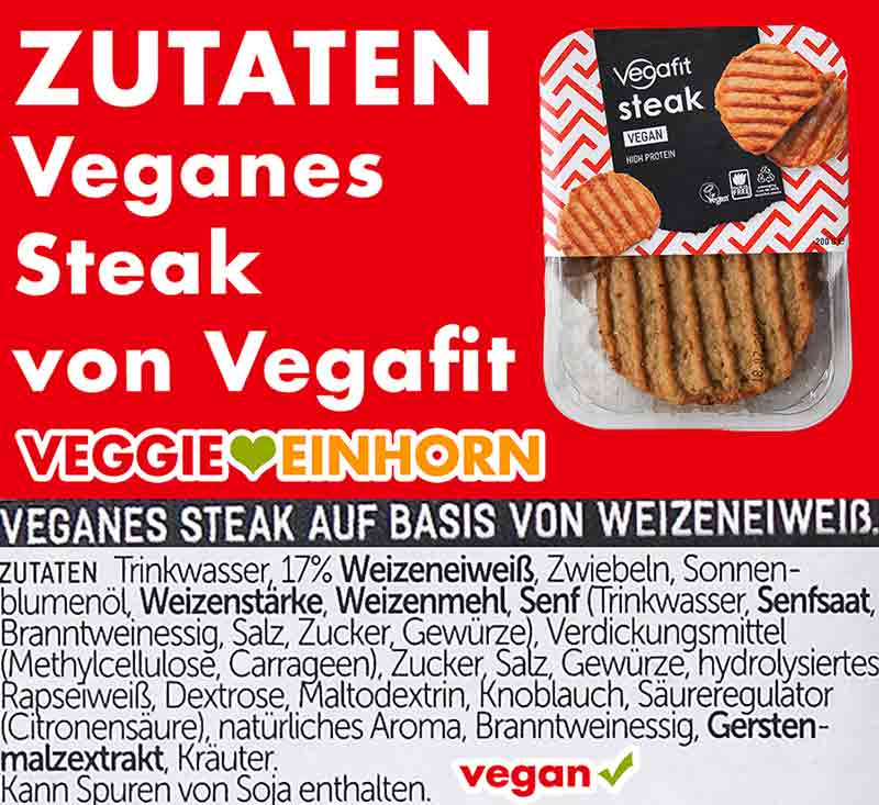 Zutaten der veganen Steaks von Vegafit Zutatenliste der Vegafit Steak