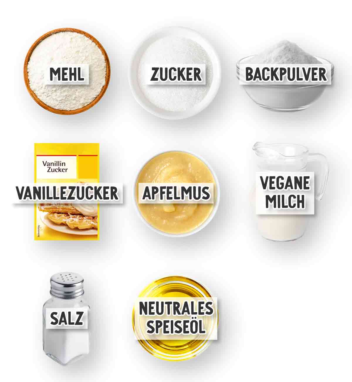 Übersichtliche Darstellung der Zutaten für vegane Waffeln, jeweils mit Beschriftung: Mehl, Zucker, Backpulver, Vanillezucker, Apfelmus, vegane Milch, Salz und neutrales Speiseöl.