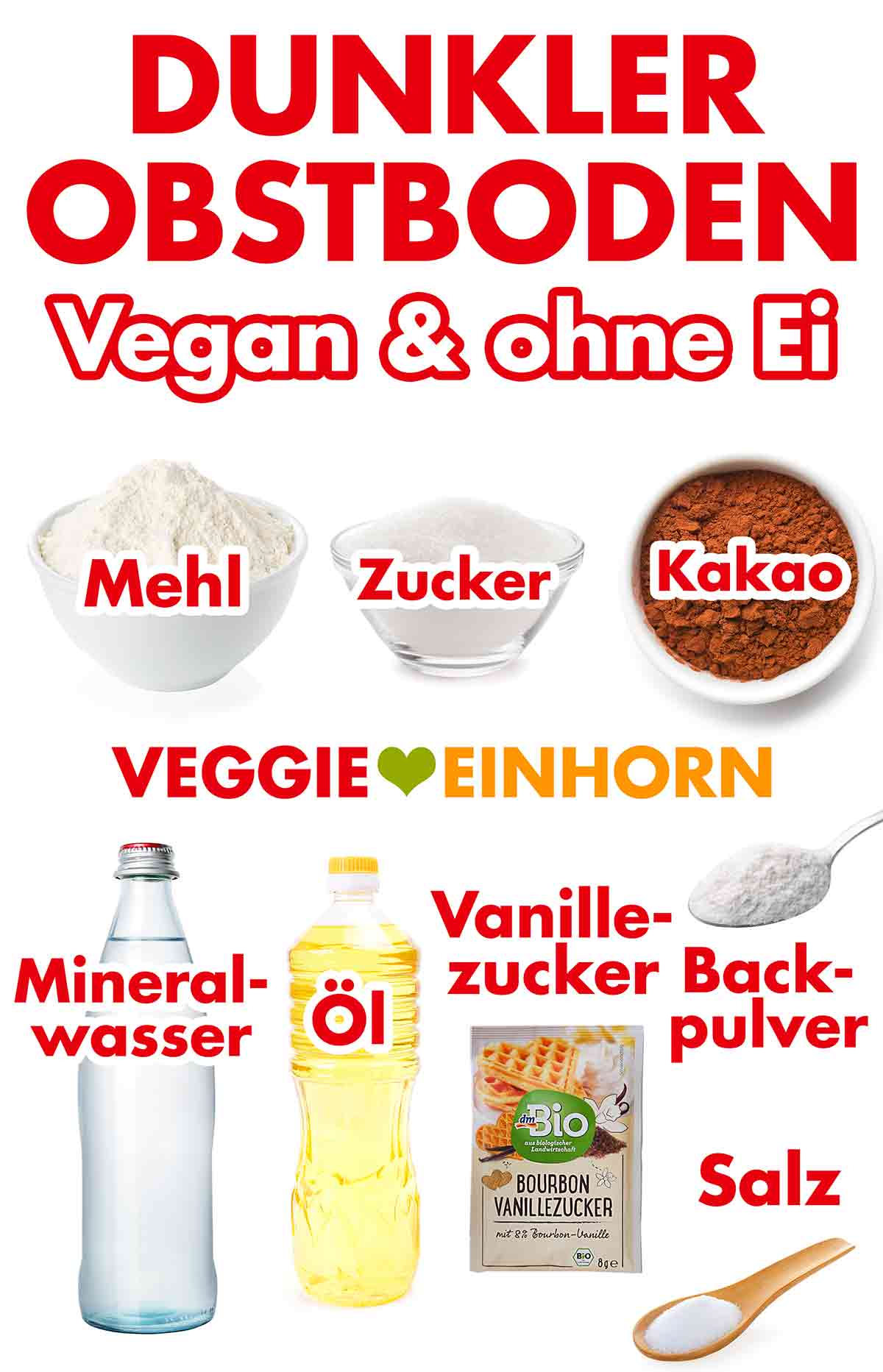 Mehl, Zucker, Backkakao, Mineralwasser, neutrales Öl, Vanillezucker, Backpulver, Salz Zutaten für den veganen dunklen Obstboden ohne Ei