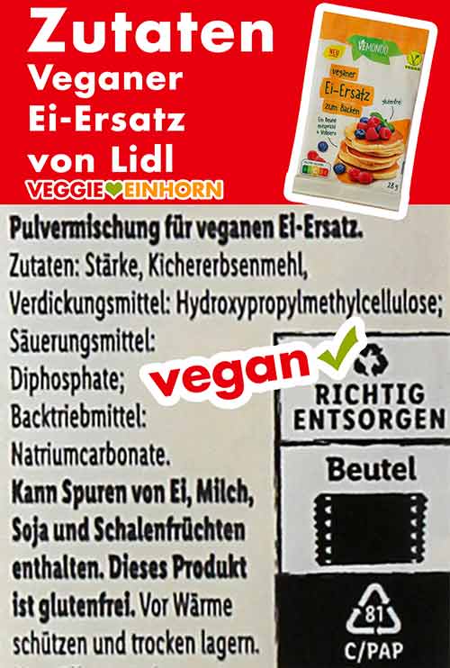 Zutatenliste des veganen Vollei-Ersatz Pulvers von Lidl. Zutaten des Ei-Ersatzes von Lidl Vemondo