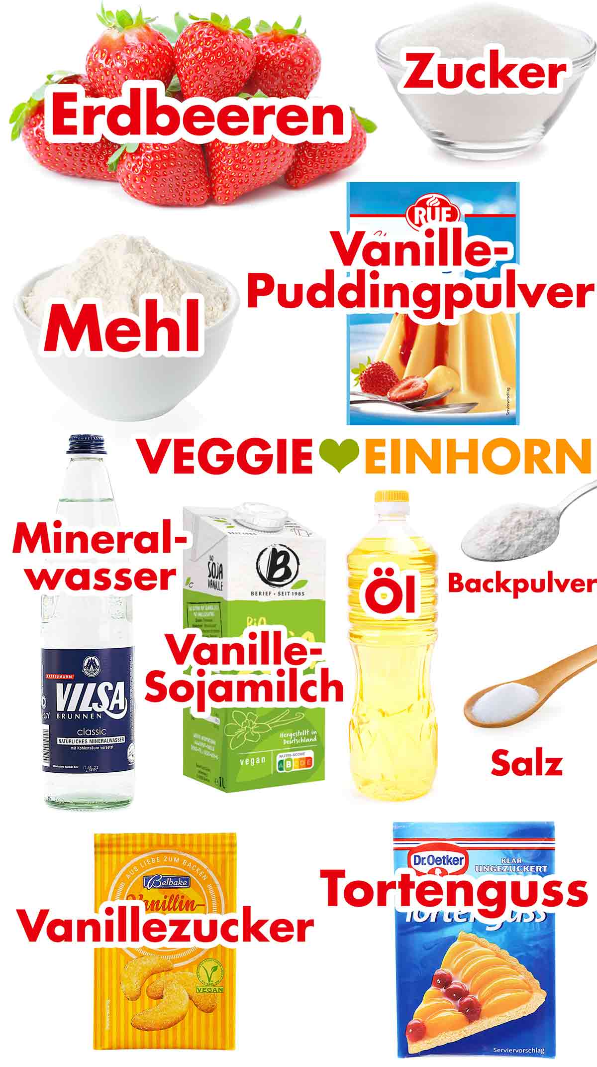 Erdbeeren, Zucker, Mehl. Vanillepuddingpulver, Sprudelwasser, Vanille-Sojamilch, neutrales Öl, Backpulver, Salz, Vanillinzucker, Tortenguss Zutaten für veganen Erdbeerkuchen vom Blech mit Pudding