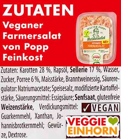 Zutatenliste des veganen Farmersalates von Popp Feinkost Zutaten des veganen Farmersalates von Popp