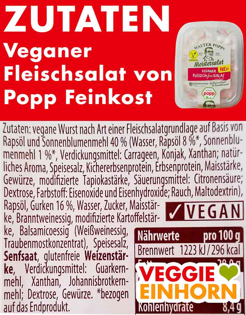 Inhaltsstoffe des veganen Fleischsalates von Popp Feinkost Zutaten des veganen Fleischsalates von Popp Feinkost