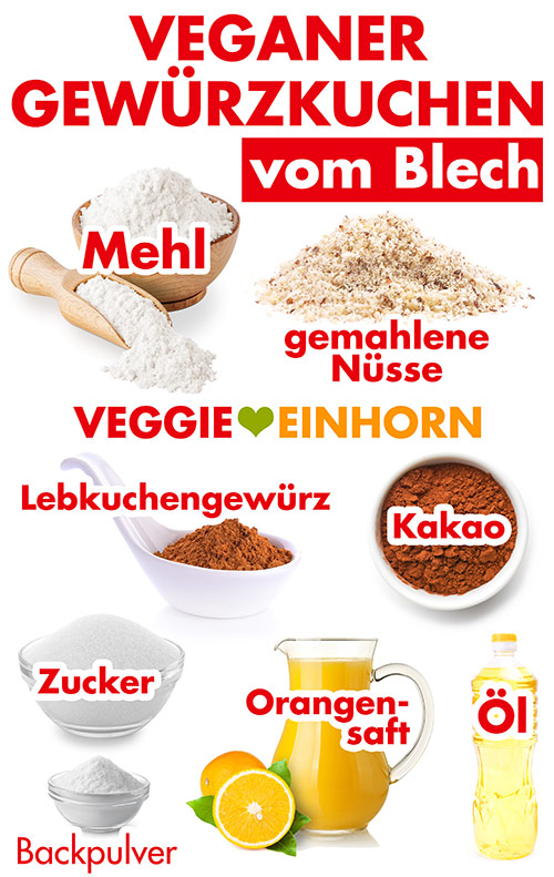 Mehl, gemahlene Nüsse, Lebkuchengewürz, Backkakao, Zucker, Backpulver, Orangensaft, Öl Zutaten für veganen Gewürzkuchen vom Blech mit Öl