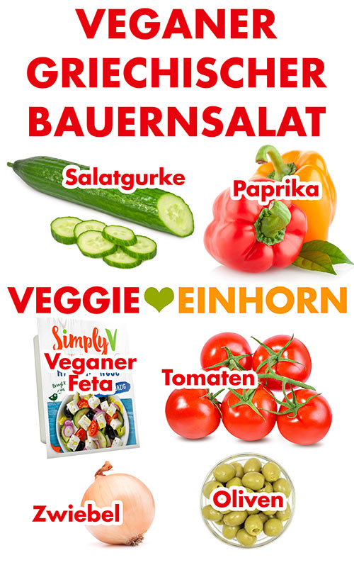Salatgurke, Paprika, veganer Feta, Tomaten, Zwiebel, Oliven Zutaten für veganen griechischen Bauernsalat