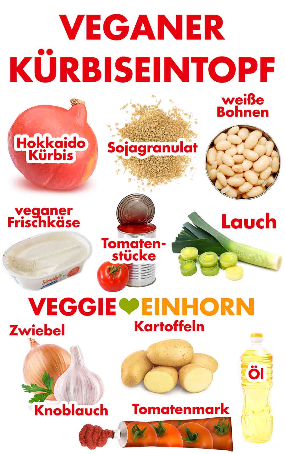 Zutaten für den veganen Kürbis Eintopf mit Hack aus Sojagranulat Zutaten für veganen Kürbiseintopf