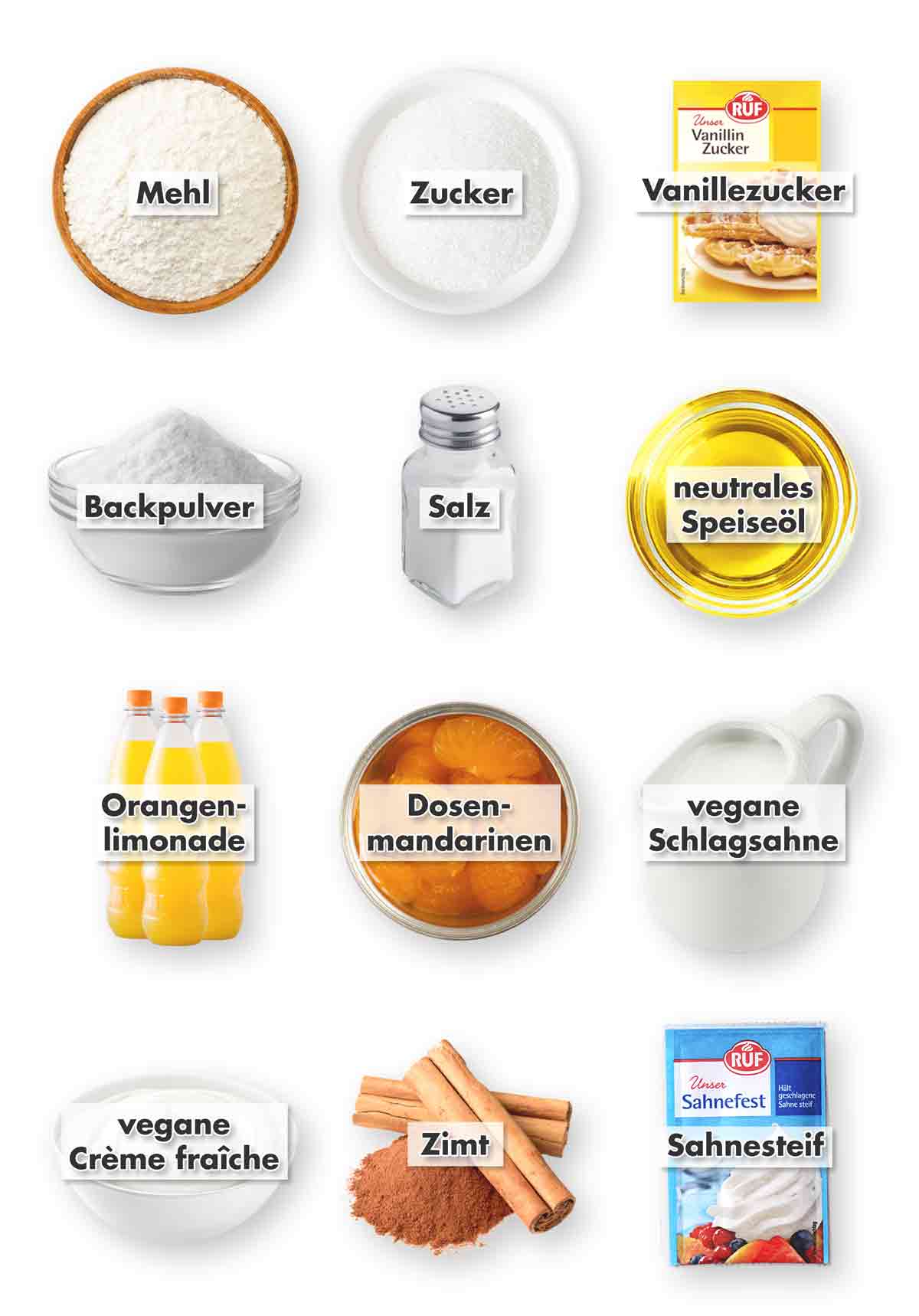 Mehl, Zucker, Vanillezucker, Backpulver, Salz, geschmacksneutrales Öl, Orangenlimonade, Mandarinen aus der Dose, vegane Schlagsahne, vegane Crème fraîche, Zimt, Sahnesteif Zutaten für veganen Fantakuchen mit Mandarinen und Schmand