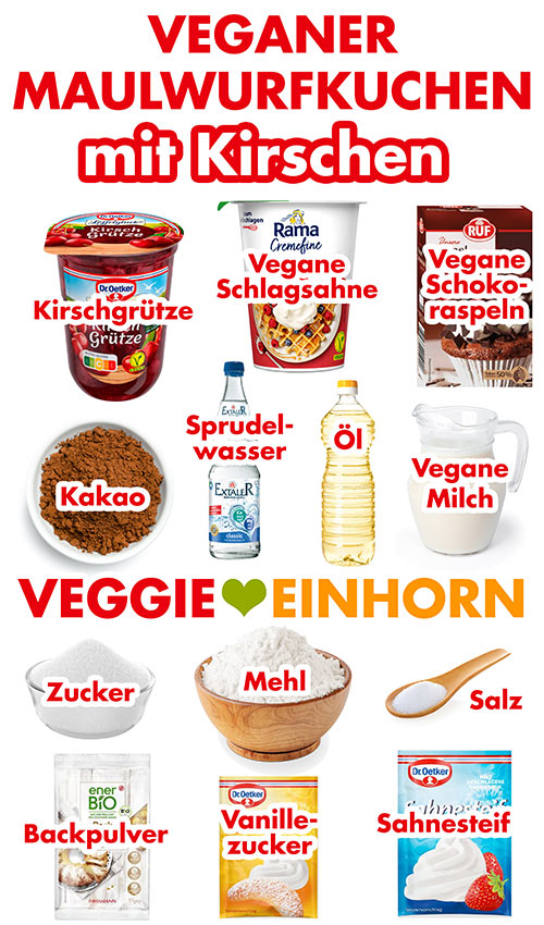 Kirschgrütze, vegane Schlagsahne, vegane Schokoraspeln, Kakao, Sprudelwasser, Öl, vegane Milch, Zucker, Mehl, Salz, Backpulver, Vanillezucker, Sahnesteif Zutaten für veganen Maulwurfkuchen mit Kirschen