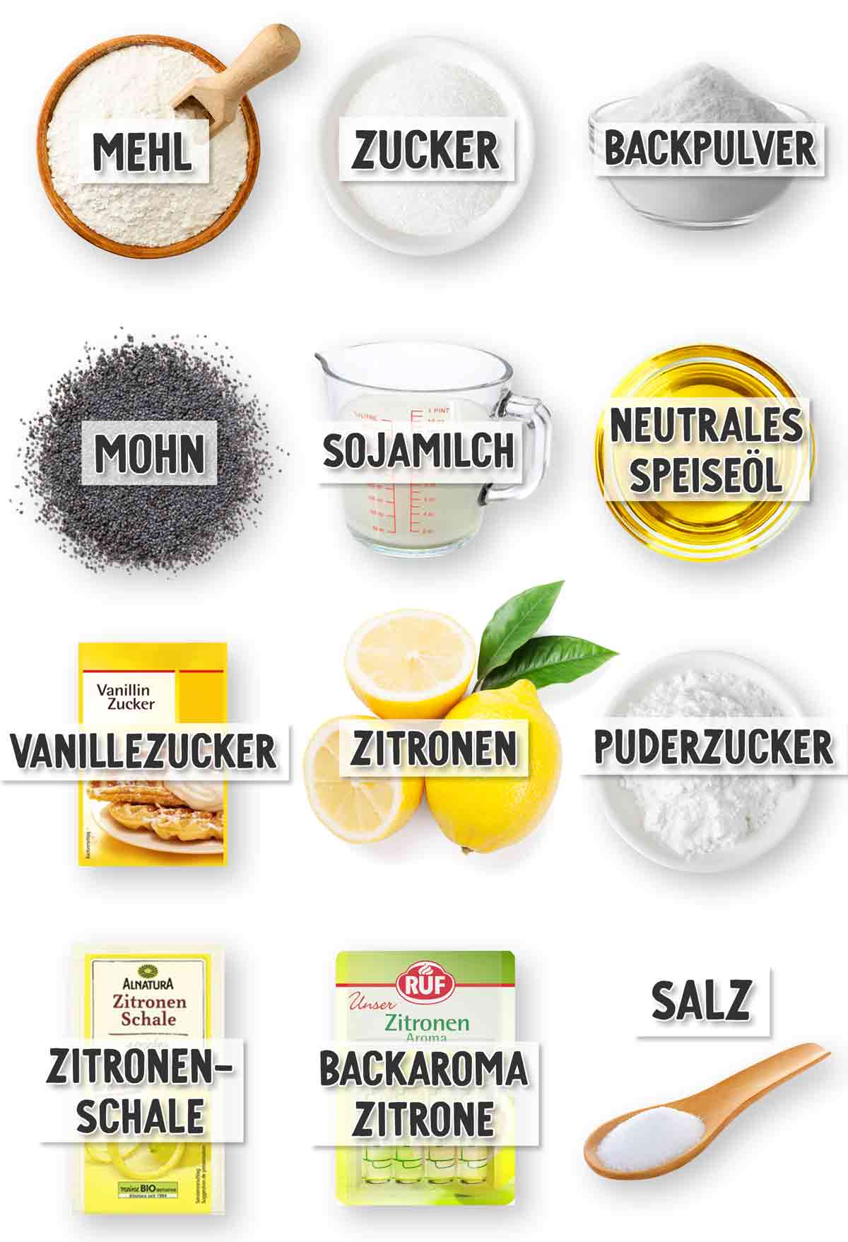 Zutatenliste für einen veganen Mohn-Zitronen-Kuchen mit Bildern der einzelnen Zutaten. Abgebildet sind: Mehl, Zucker, Backpulver, Mohn, Sojamilch, neutrales Speiseöl, Vanillezucker, Zitronen, Puderzucker, Zitronenschale und Backaroma Zitrone.