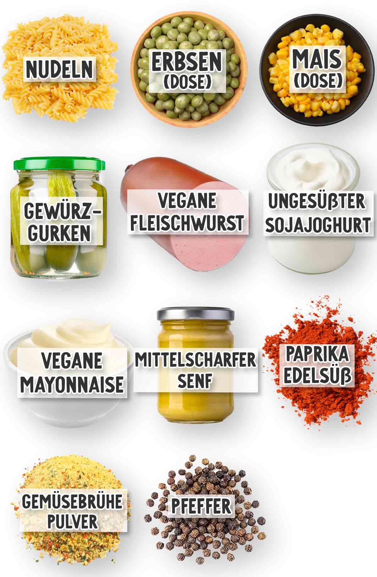 Zutaten für veganen Nudelsalat mit Fleischwurst