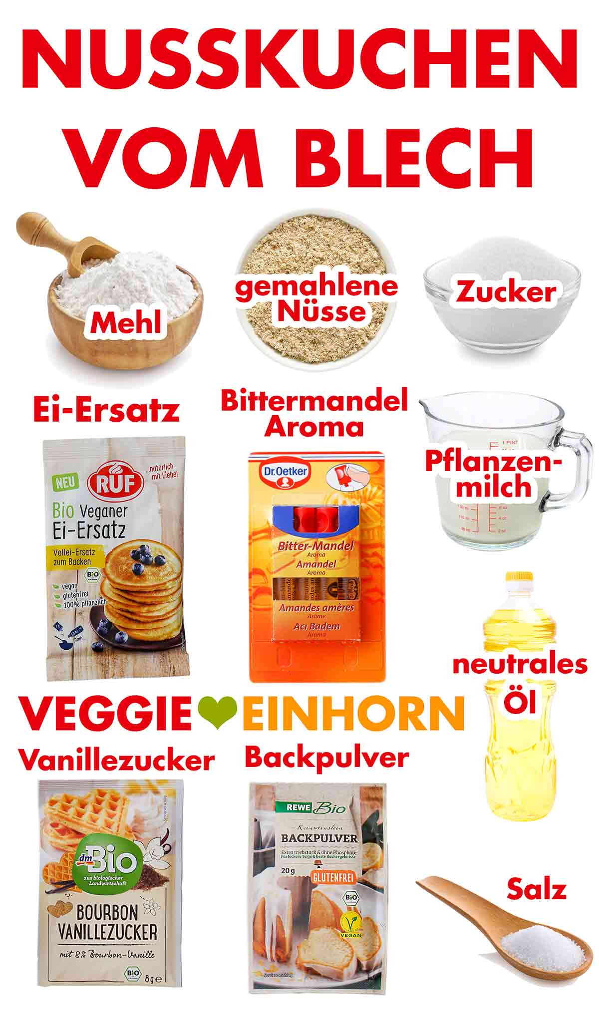 Zutaten für veganen Nusskuchen vom Blech Zutaten für veganen Nuss Blechkuchen