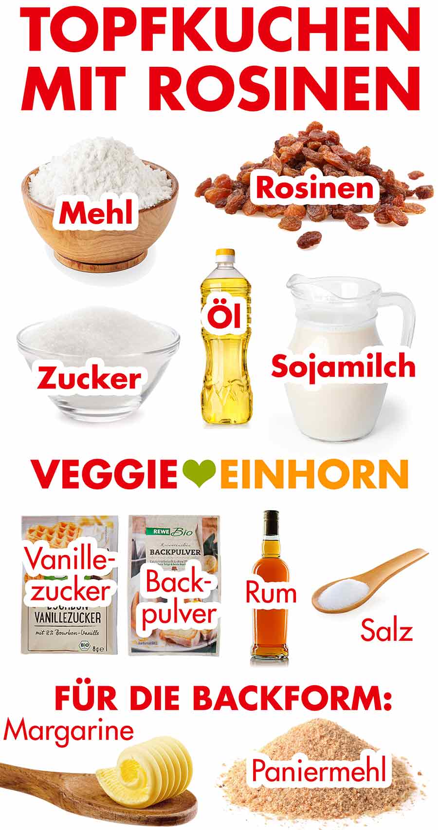Zutaten für den veganen Napfkuchen mit Rosinen Zutaten für veganen Topfkuchen mit Rosinen
