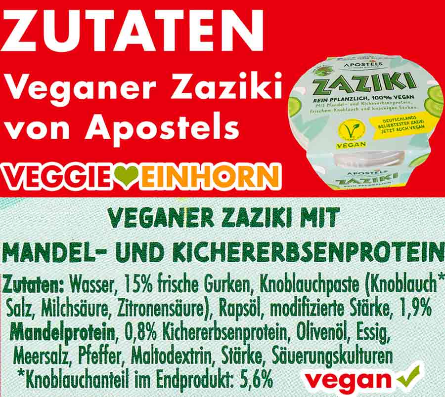 Der vegane Zaziki von Apostels enthält Mandeln, Kichererbsen, Gurken und Knoblauch. Zutaten des veganen Zazikis von Apostels