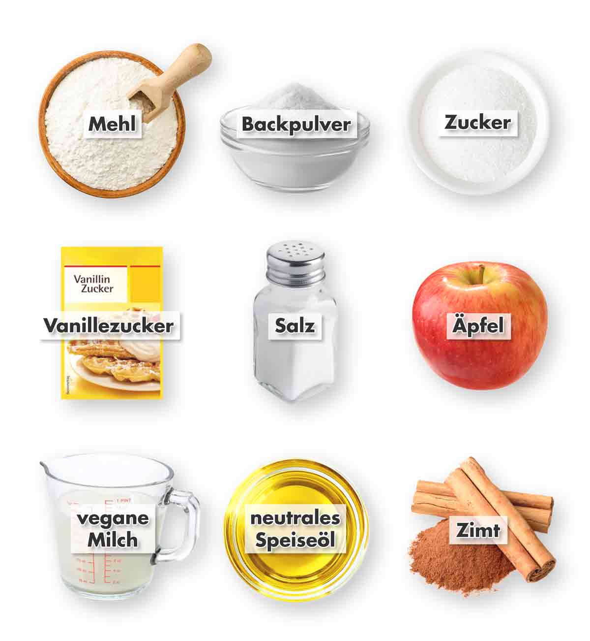 Zutaten für veganen Zimtkuchen mit Apfel: Mehl, Backpulver, Zucker, Vanillezucker, Salz, Äpfel, vegane Milch, neutrales Speiseöl und Zimt, jeweils mit Beschriftung und in separaten Bildern dargestellt.