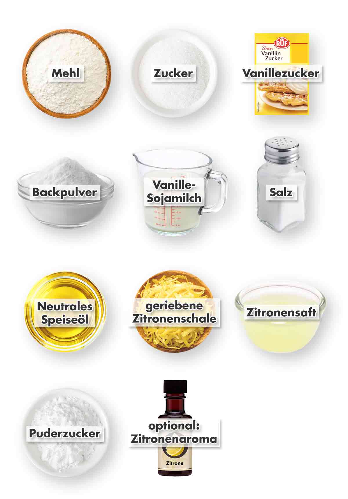 Mehl, Zucker, Vanillezucker, Backpulver, Vanille-Sojamilch, Salz, geschmacksneutrales Speiseöl, geriebene Zitronenschale, Zitronensaft, Puderzucker, Zitronenaroma Zutaten für veganen Zitronenkuchen aus der Springform