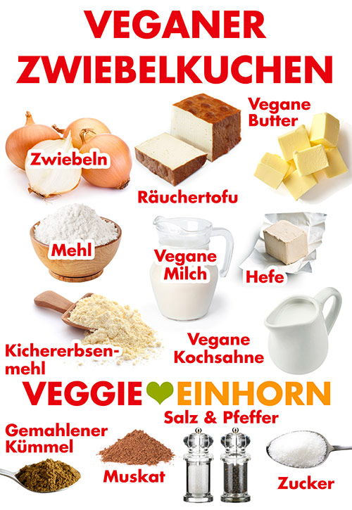 Zwiebeln, Räuchertofu, vegane Butter, Mehl, vegane Milch, Hefe, Kichererbsenmehl, vegane Kochsahne, gemahlener Kümmel, Muskat, Salz und Pfeffer, Zucker Zutaten für veganen Zwiebelkuchen mit Hefeteig und Räuchertofu