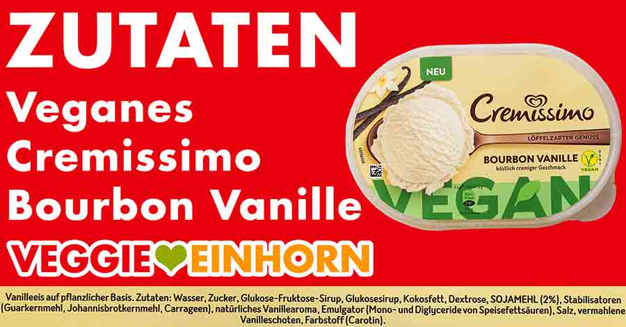 Zutatenliste des veganen Vanilleeis von Cremissimo Zutaten des Cremissimo Bourbon Vanille vegan