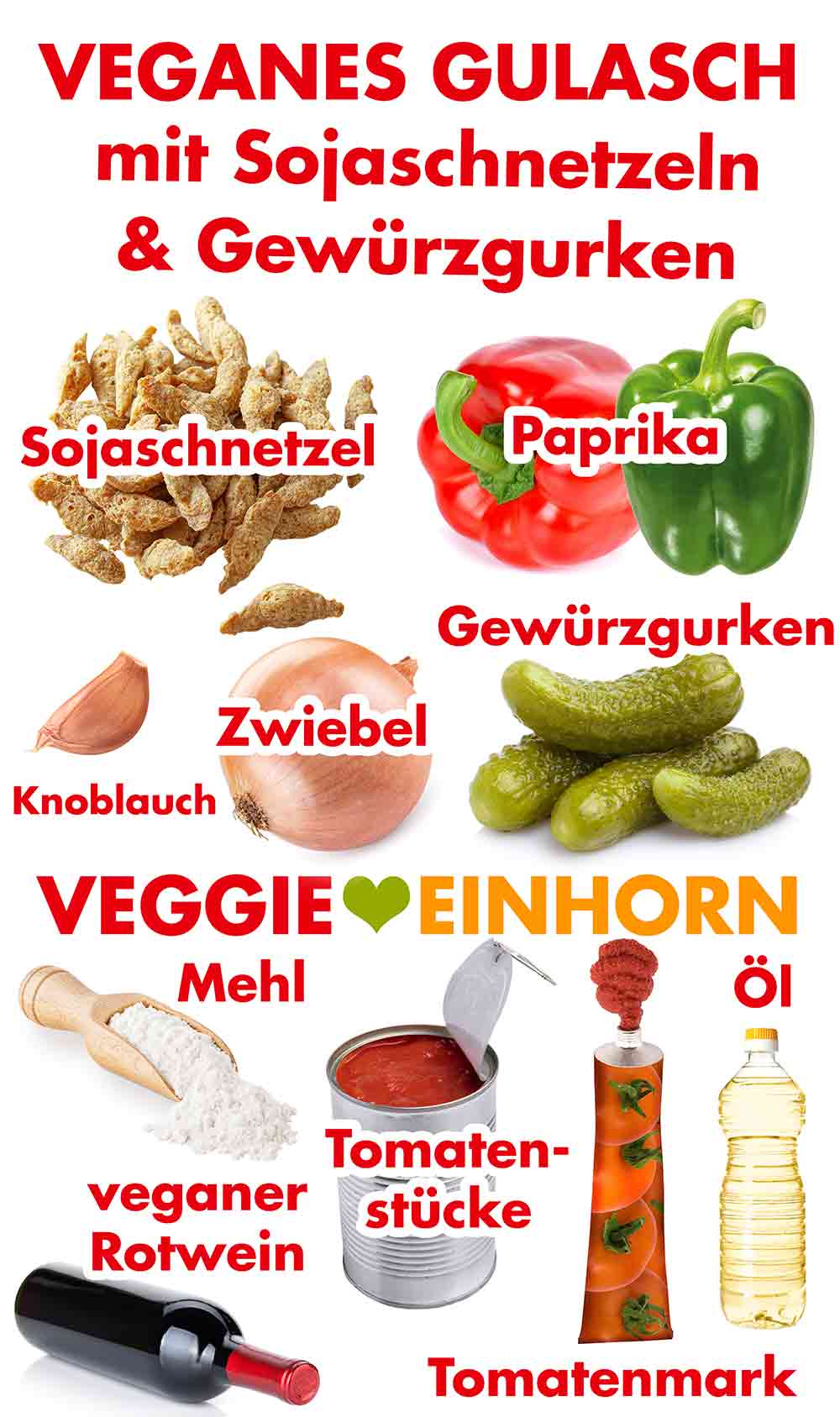 Sojaschnetzel, Paprika, Knoblauchzehe, Zwiebel, Gewürzgurken, Mehl, Tomatenstücke, Tomatenmark, veganer Rotwein, Öl Zutaten für veganes Gulasch mit Sojaschnetzeln und Gewürzgurken