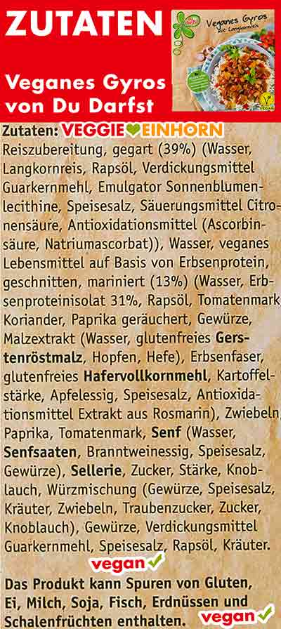 Die Zutaten des veganen Fertiggerichtes von Du Darfst. Zutatenliste des veganen Gyros von Du Darfst