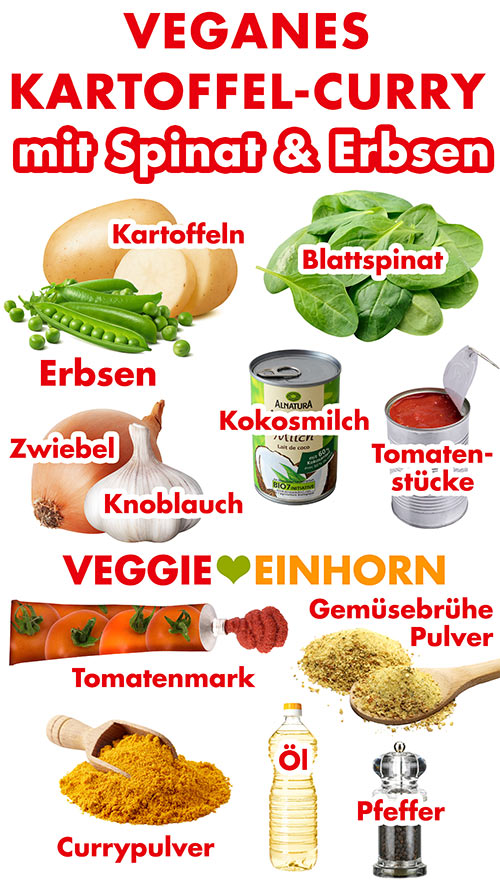 Kartoffeln, Erbsen, Blattspinat, Zwiebel, Knoblauch, Kokosmilch, Tomatenstücke, Tomatenmark, Gemüsebrühe Pulver, Currypulver, Öl, Pfeffer Zutaten für indisches veganes Kartoffelcurry mit Spinat und Erbsen