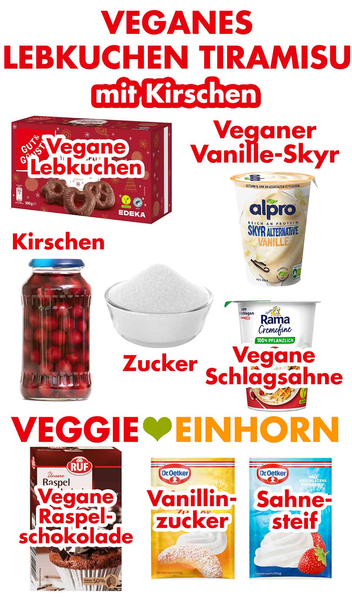 Vegane Lebkuchen, veganer Vanille-Skyr, Kirschen aus dem Glas, Zucker, vegane Schlagsahne, vegane Raspelschokolade, Vanillinzucker, Sahnesteif Zutaten für veganes Lebkuchen Tiramisu mit Kirschen