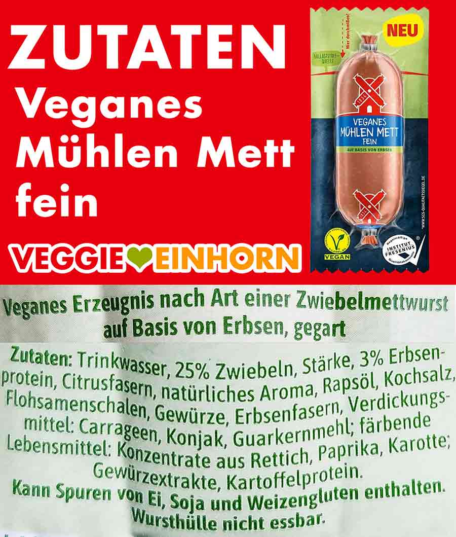 Das vegane Mühlen Mett ist auf Basis von Erbsen. Zutaten des veganen Metts von Rügenwalder Mühle