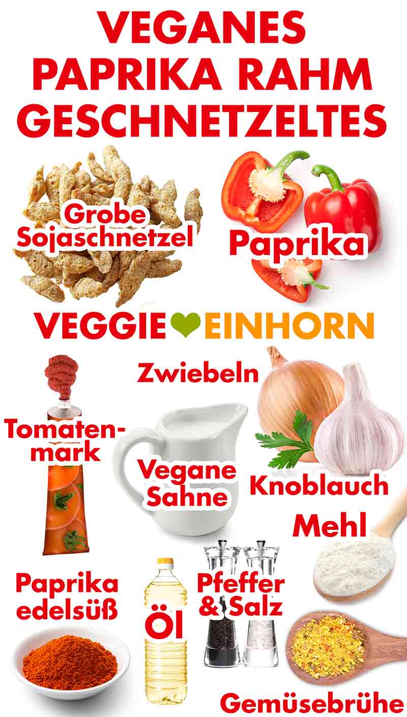 Sojaschnetzel, Paprika, Tomatenmark, vegane Sahne, Zwiebeln, Knoblauch, Mehl, Paprika edelsüß, Öl, Salz und Pfeffer, Gemüsebrühe Zutaten für veganes Paprika Rahm Geschnetzeltes