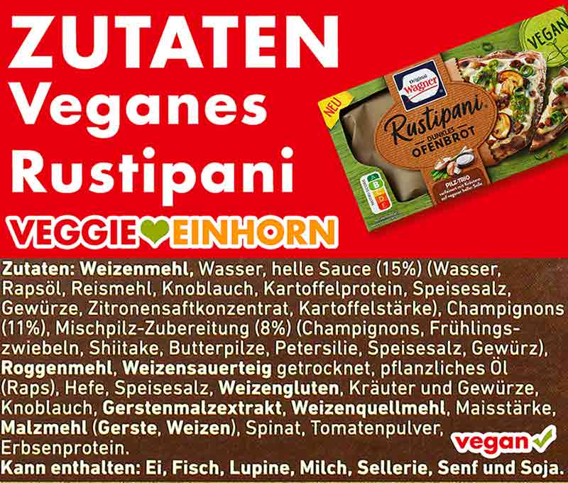 Zutatenliste des Original Wagner Rustipani Pilz-Trio Zutaten des veganen Rustipanis mit Pilzen