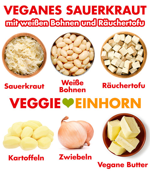 Sauerkraut, weiße Bohnen, Räuchertofu, Kartoffeln, Zwiebeln, vegane Butter Zutaten für veganes Sauerkraut mit weißen Bohnen, Kartoffeln und Räuchertofu