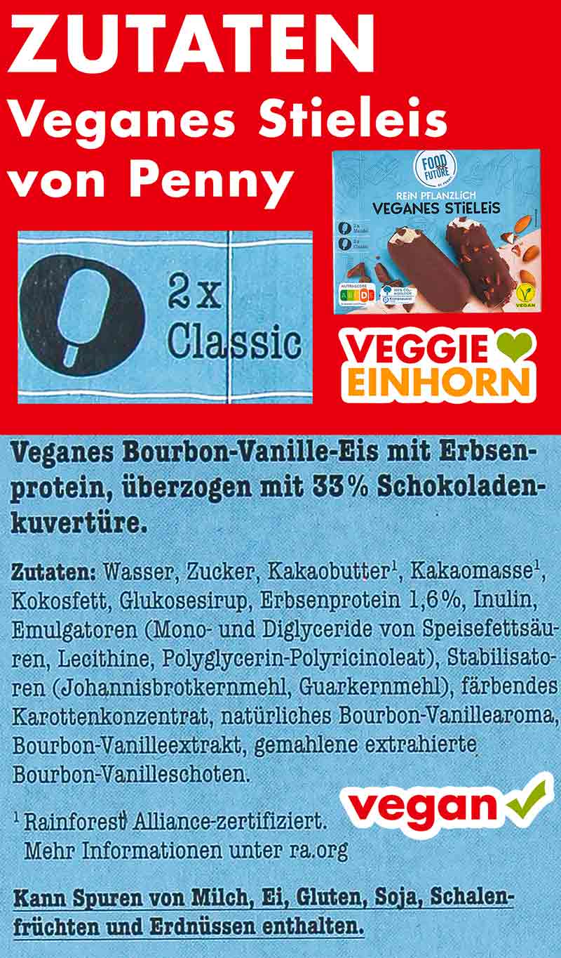 Zutaten des veganen Stieleis Classic von Food for Future Zutaten Veganes Stieleis von Penny Sorte Classic