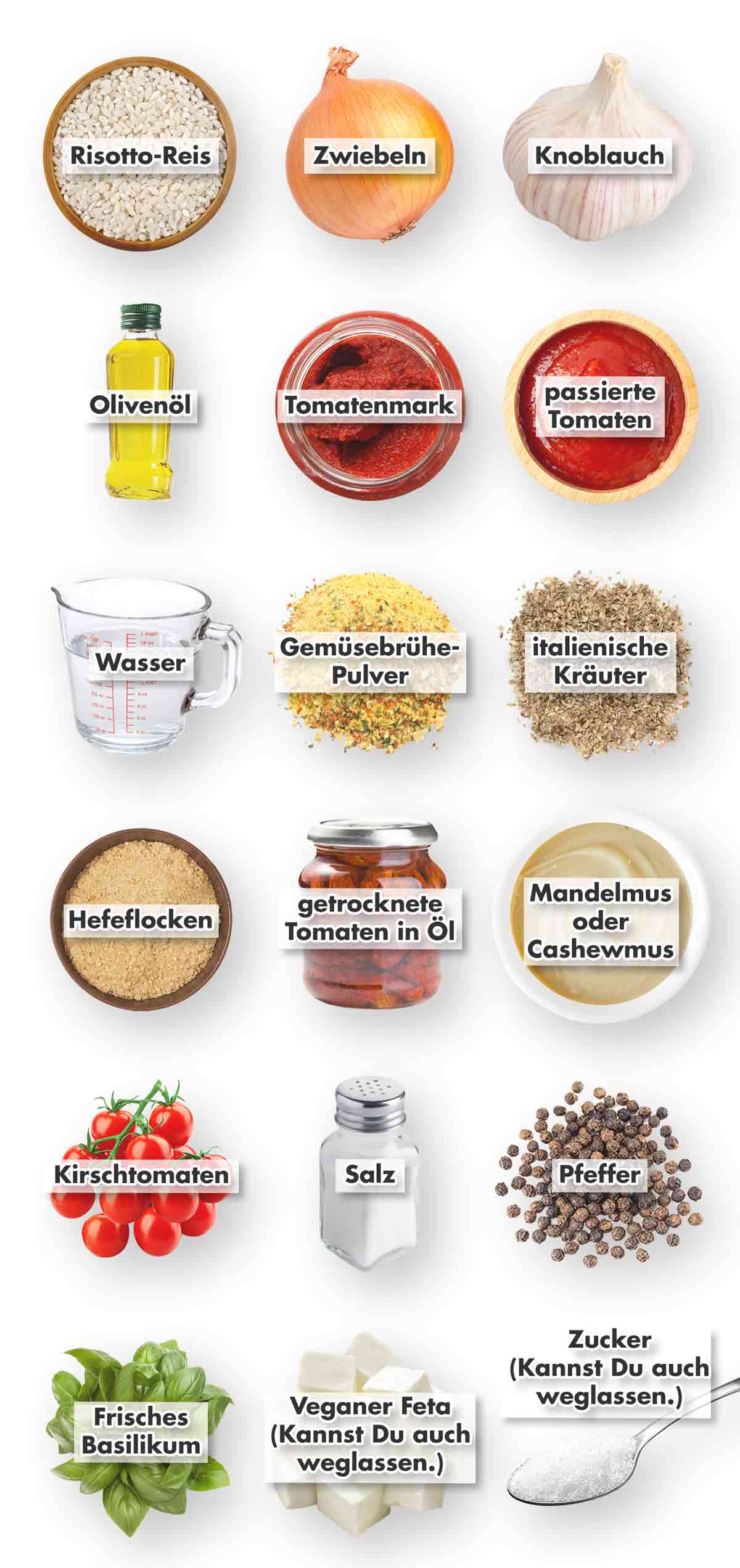 Zutaten für veganes Tomatenrisotto: Risotto-Reis, Zwiebeln, Knoblauch, Olivenöl, Tomatenmark, passierte Tomaten, Wasser, Gemüsebrühe-Pulver, italienische Kräuter, Hefeflocken, getrocknete Tomaten in Öl, Mandelmus oder Cashewmus, Kirschtomaten, Salz, Pfeffer, frisches Basilikum und optional veganer Feta und ein Teelöffel Zucker.