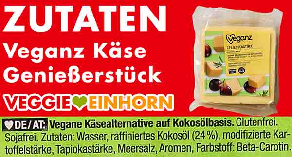 Zutatenliste des veganen Gouda Käseblockes von Veganz Zutaten des Veganz Genießerstückes