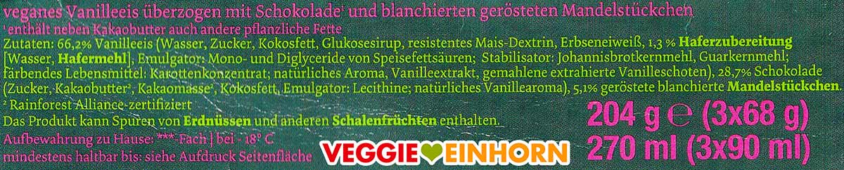 Zutaten von vehappy Big Choc Mandel Eis Zutatenliste des veganen Big Choc Mandel Eis von vehappy