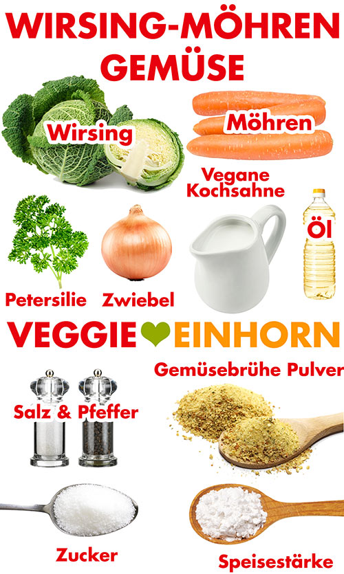 Wirsing, Möhren, Petersilie, Zwiebel, vegane Kochsahne, Öl, Salz und Pfeffer, veganes Gemüsebrühe Pulver, Zucker, Speisestärke Zutaten für Wirsing Möhren Gemüse