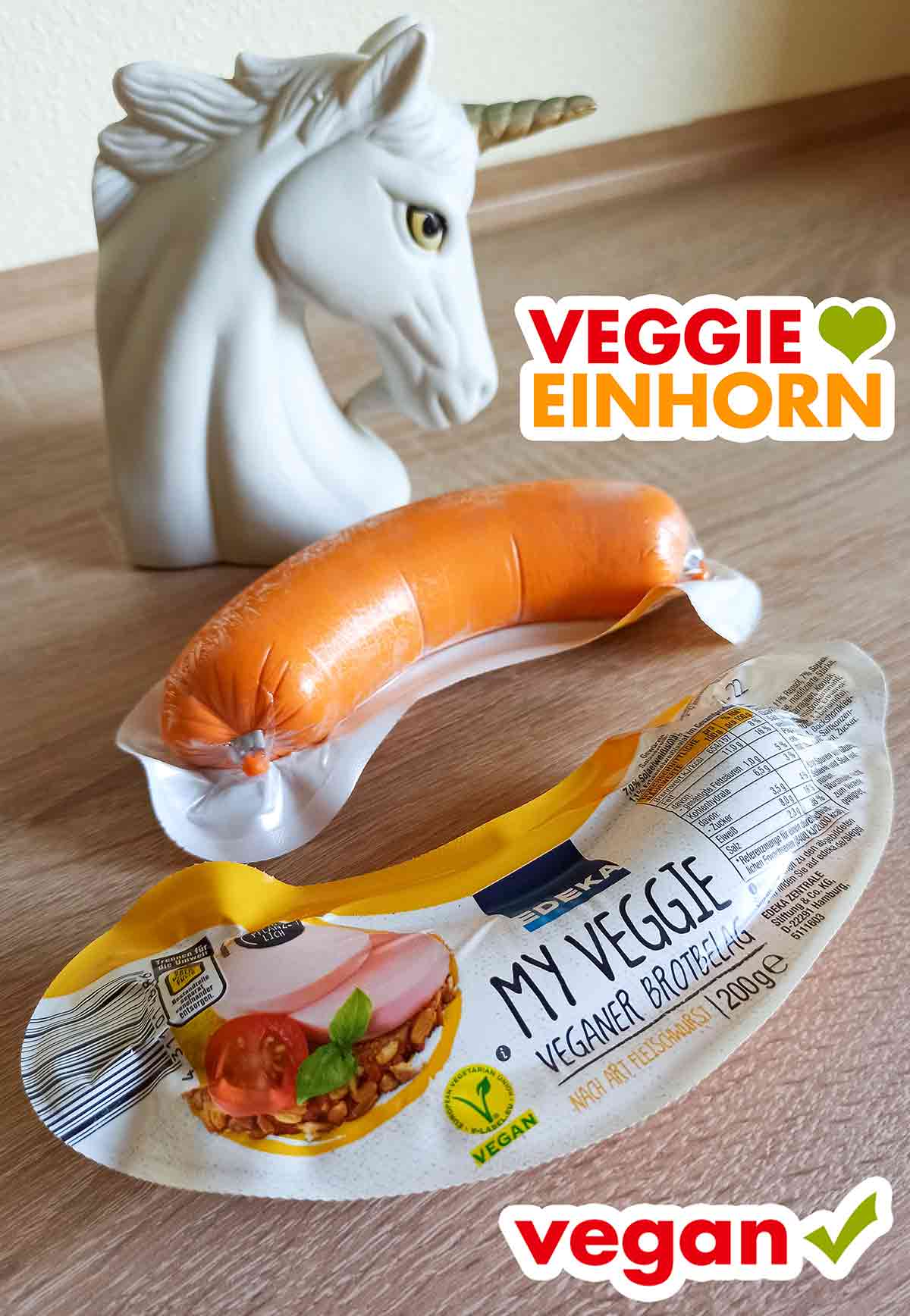 So sieht die Verpackung der My Veggie Veganer Brotbelag Wurst aus. Zwei vegane Fleischwürste von Edeka