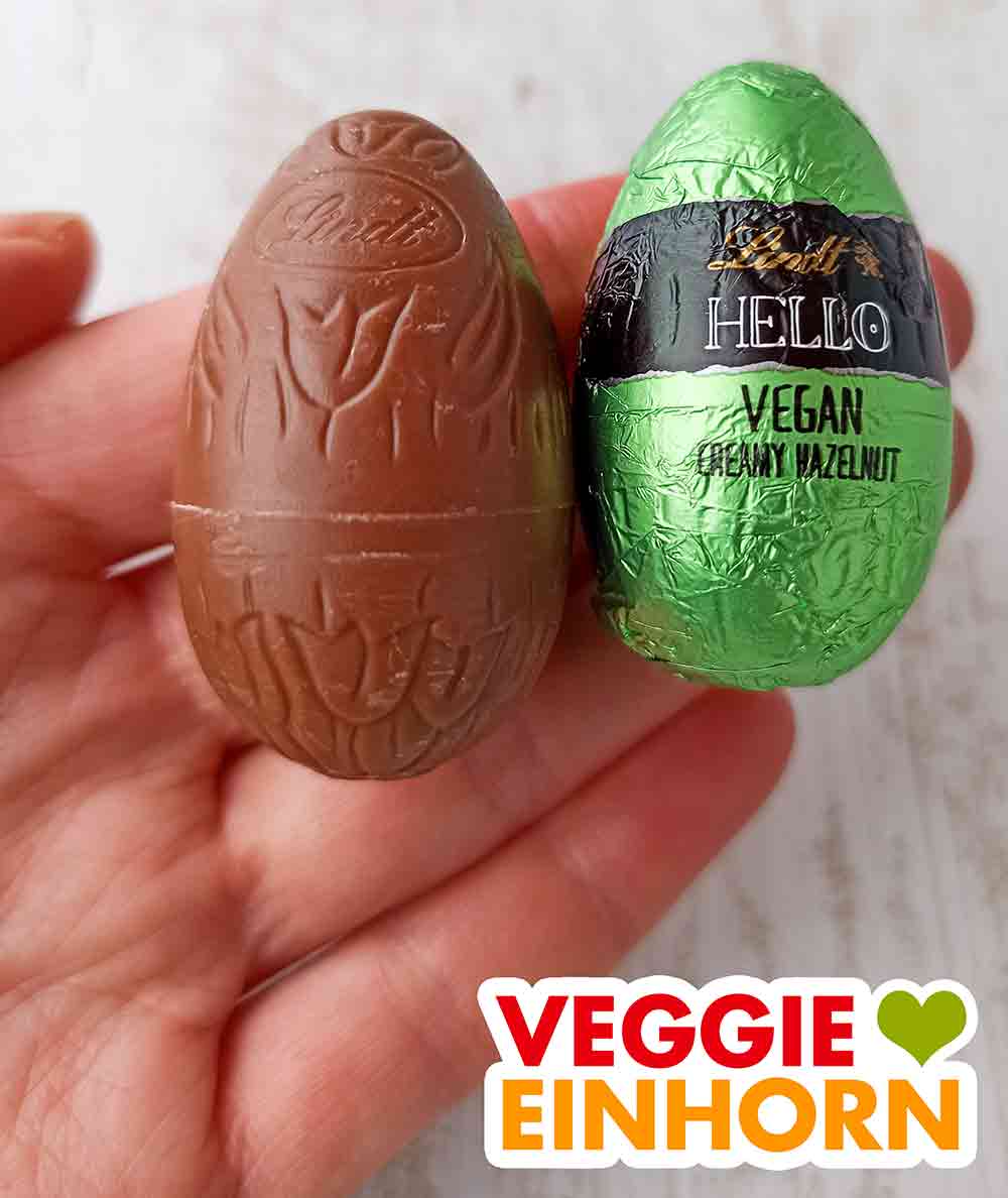 Die veganen Schokoladen Ostereier sind mit Nougat gefüllt. Zwei vegane Schokoeier für Ostern von Lindt Hello