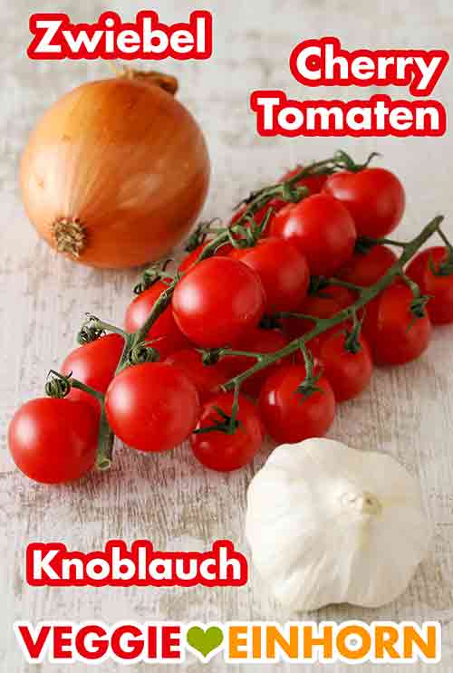 Zwiebel, Kirschtomaten, frischer Knoblauch Zwiebel, Cherry Tomaten, Knoblauch