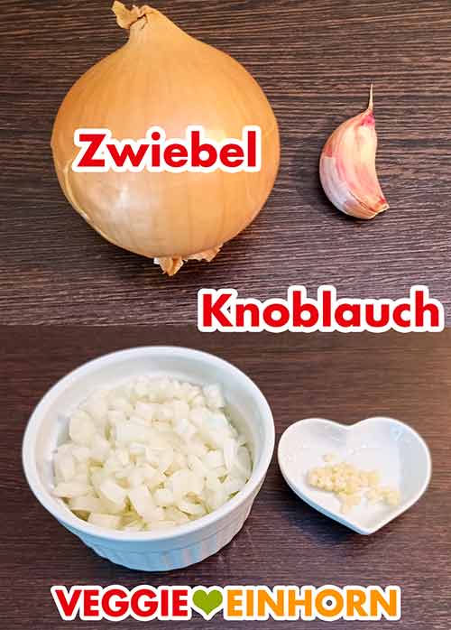 Zwiebel fein würfeln und Knoblauch pressen Eine Zwiebel und eine Zehe Knoblauch