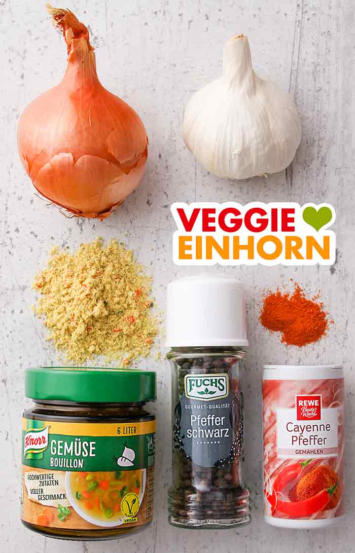 Knorr Gemüse Bouillon, Fuchs Pfeffer schwarz, Rewe Beste Wahl Cayennepfeffer Zwiebel, Knoblauch, Gemüsebrühe Pulver, Pfeffer, Cayennepfeffer